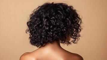 Captivating curls cascade in a textured dance, a celebration of natural beauty and effortless style on a neutral backdrop. photo