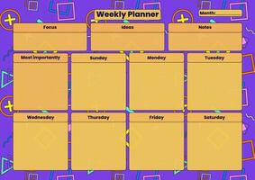 A vibrant weekly planner template with sections for daily tasks, focus, ideas, and notes on a geometric background. vector