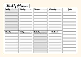 Simple black-and-white weekly planner with daily sections, goal setting, and next week planning for better organization. vector