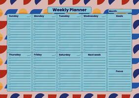 Structured weekly planner with checklist format, goal-setting, and focus sections on a vibrant geometric background. vector