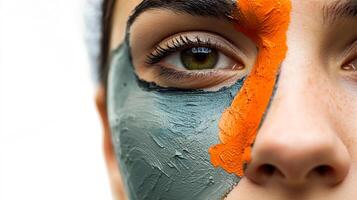 Close-up of a person's face with a textured, colorful clay mask. Eye focused, beauty treatment detail. Skincare and self-care concept. photo