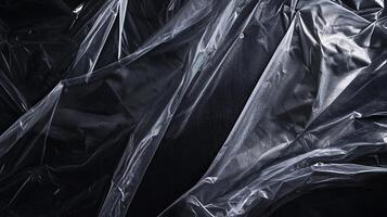 Abstract image of transparent plastic sheeting draped over dark material. The plastic has wrinkles, folds and highlights. Close-up view. photo