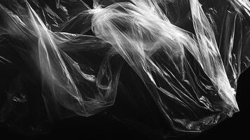 Dramatic monochrome image of crumpled transparent material against a dark backdrop, showcasing light and shadow interplay. photo
