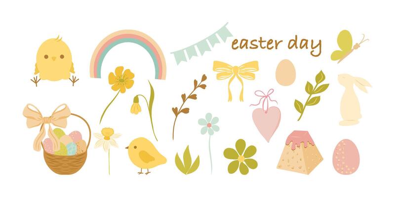 Easter day clipart, Cute Easter set of elements. Basket full of eggs, flowers, easter cake, bird, bunny, butterfly. Spring set for poster, card, scrapbooking, stickers.