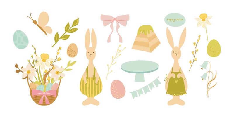 Hand drawn Easter clipart, Cute Easter set of elements. Basket full of flowers, flowers, easter cake, tied bow, snowdrop, bunny, butterfly. Spring set for poster, card, scrapbooking, stickers.