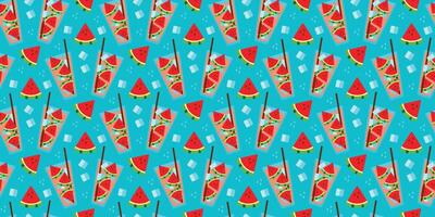 Pattern of Watermelon Juice in glass, Pieces of fruit with ice cubes on blue background. Seamless print refreshing cold summer Lemonade. Drink in transparent cup with straw. Drops. illustration vector