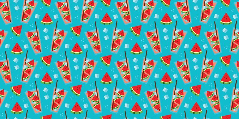 Pattern of Watermelon Juice in glass, Pieces of fruit with ice cubes on blue background. Seamless print refreshing cold summer Lemonade. Drink in transparent cup with straw. Drops. illustration