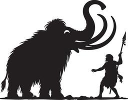 The mammoth is standing next to a man with a spear vector