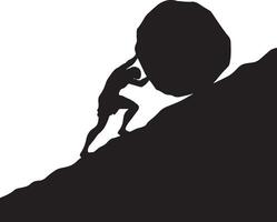 Silhouette of a man pushing a boulder up a mountain vector
