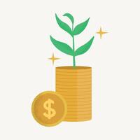 Stack of coins with a growing plant symbolizing investment, savings, and financial growth on a light background. vector