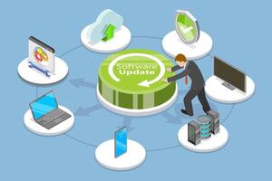 3D Isometric Flat Conceptual Illustration of Software Update, Launching Operating System Upgrade vector