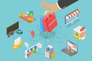 3D Isometric Flat Conceptual Illustration of Omnichannel, Several Communication Channels Between Seller and Customer vector