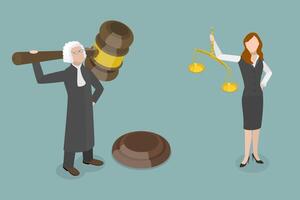 3D Isometric Flat Conceptual Illustration of Law and Justice, Judge and Lawyer Characters vector