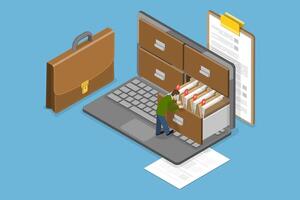 3D Isometric Flat Conceptual Illustration of Document Management System, Electronic File Organization Service, Paperless Office vector