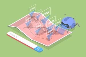 3D Isometric Flat Conceptual Illustration of Engine Crawling Bot, SEO Algorithms vector
