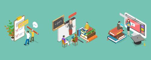 3D Isometric Flat Conceptual Illustration of Virtual Learning, Education and Acquiring Knowledge vector