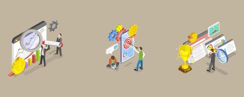 3D Isometric Flat Conceptual Illustration of SEO Optimization, Web Analytics Social Media Marketing vector