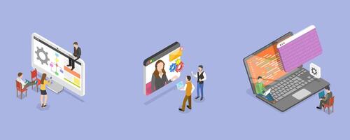 3D Isometric Flat Conceptual Illustration of Software Development and Integration, Coding and Testing Process vector