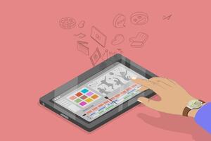3D Isometric Flat Conceptual Illustration of Mobile Editing App, Online Content Creating vector