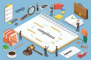 3D Isometric Flat Conceptual Illustration of Compliance, Business People are Discussing Steps to Comply with Relevant Laws, Policies, and Regulations vector
