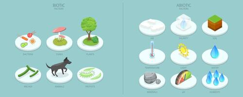 3D Isometric Flat Conceptual Illustration of Biotic And Abiotic Factors, Educational Chart vector
