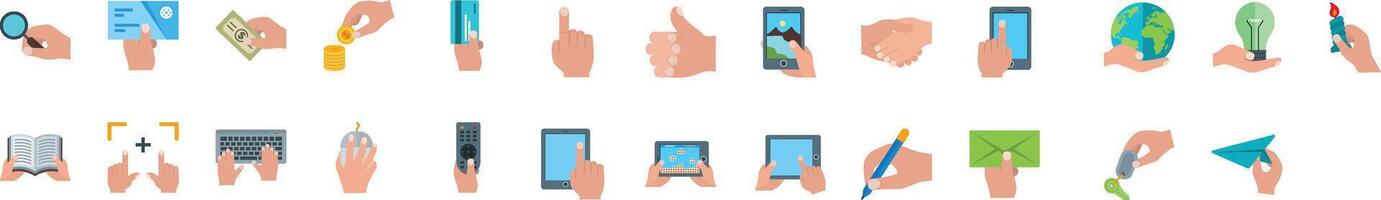 Hands Multicolor Editable Icons set. Modern thin line style of different hand gestures pointing, peace, like, handshake, perfect, and more. vector