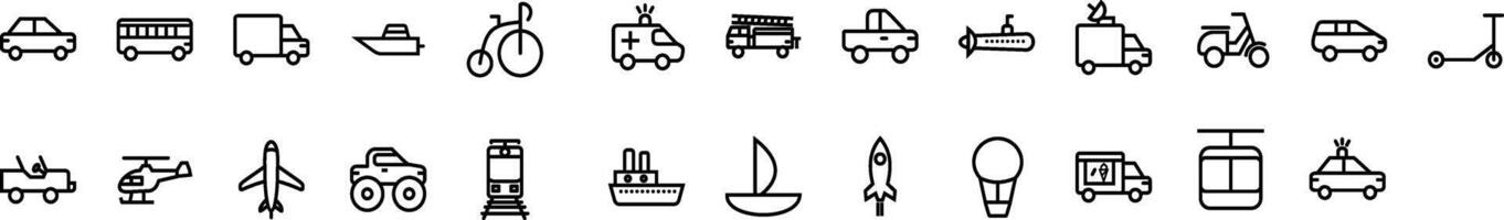 Transport and vehicles thin line icon set.Symbol collection in transparent background. Editable stroke. vector