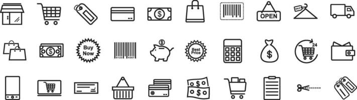 E-Commerce line icon set. Set of 30 outline icons related to e-commerce, mobile shop, digital marketing, business, sale, delivery and others. Editable stroke. vector