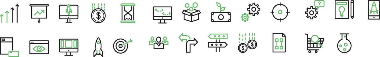 Startup line icon set.Set of 25 outline icons related to startup, vision, company, development, growth, management and others. vector