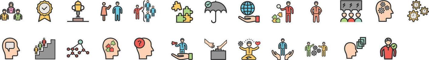 Soft skills line icon set. Set of 30 outline icons related to interpersonal skill, emotional intelligence, teamwork, mindset, problem solving, vision and others. Editable stroke. vector