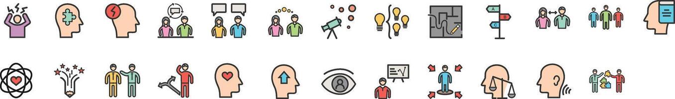 Soft skills line icon set. Set of 30 outline icons related to interpersonal skill, emotional intelligence, teamwork, mindset, problem solving, vision and others. Editable stroke vector