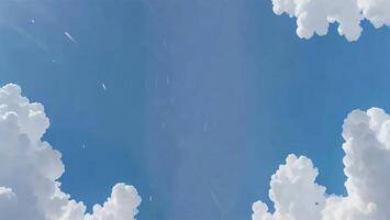 A blue sky with white clouds and a plane flying in it photo