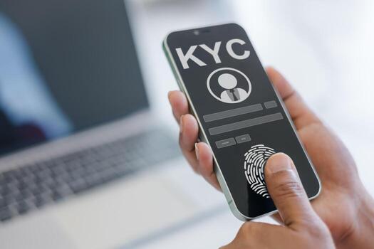 Human engaging in KYC verification, Business verifying the identity of clients for financial client authentication, KYC know your customer concept, Personal information for identification technology. photo