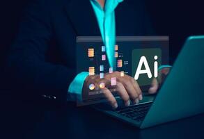 Using artificial intelligence to make business more efficient, Businessman using artificial intelligence or AI technology in future business, IoT, Innovation and the future. photo
