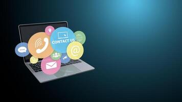 Contact us or email marketing concept, Website page, Customer support hotline online, Illustration of gradient background with computer and contact us icon, Email, Phone, Address, Chat message icon. photo