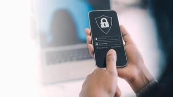 Cybersecurity and privacy concepts to protect data, Human hand show protecting personal data on smartphone, Lock icon and internet network security technology, virtual screen interfaces. photo