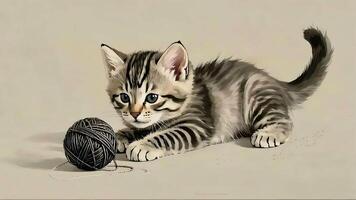 A painting of a kitten playing with a ball of yarn photo