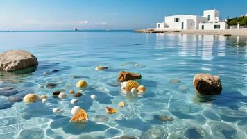 a beach with shells and rocks in the water photo