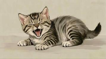 a painting of a kitten yawning photo
