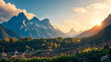a man stands in front of a mountain range photo