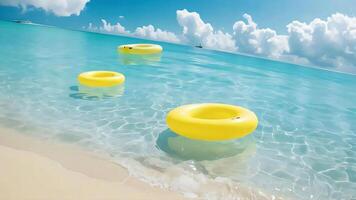 three yellow inflatable rings floating in the ocean photo