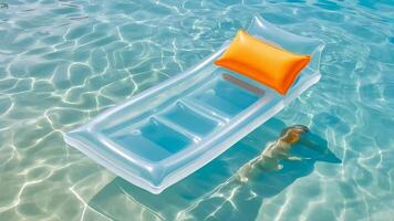 An inflatable pool chair with an orange pillow photo