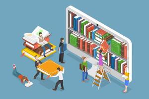 3D Isometric Flat Conceptual Illustration of Online Library, Digital Reading and E-learning vector