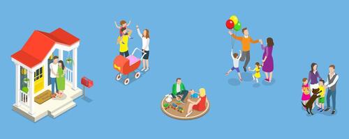 3D Isometric Flat Conceptual Illustration of Happy Family Set, Playing and Enjoying Time Together vector