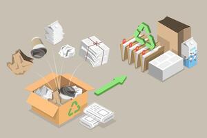 3D Isometric Flat Conceptual Illustration of Paper Recycle Process, Environmental Conservation vector