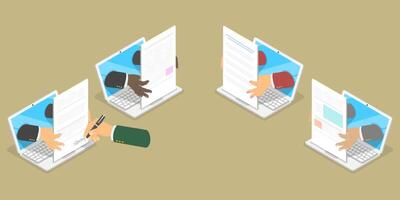 3D Isometric Flat Conceptual Illustration of Digital Contract Set, Electronic Secure Signature vector