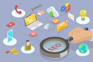 3D Isometric Flat Conceptual Illustration of SEO Optimization, Web Analytics and Search Engine Ranking vector
