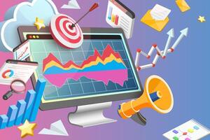 3D Conceptual Illustration of Data Driven Social Media Strategy, Marketing Data and Web Analysis vector
