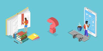 3D Isometric Flat Conceptual Illustration of Online Learning Vs Offline Learning, Education Model Choosing vector