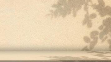 Background of golden yellow on cement texture with shadow leaves, Empty grey cement wall floor and wall room, Well display product and text present on free space, Luxury backdrop, Spring and summer. photo